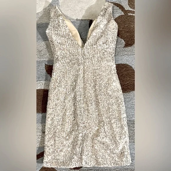 IEENA for MacDugal Front Twist Plunging Silver Sequin Mini Dress